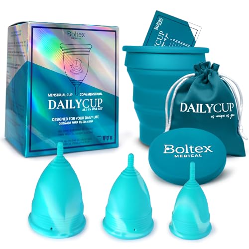 Copa Menstrual DAILY CUP ALL-IN-ONE SET de BOLTEX MEDICAL. Diseñada para tu CONFORT DIARIO. Incluye Vaso Esterilizador, 3 Copas Menstruales DAILY CUP: Talla S, Talla M, Talla L y Bolsa de Guardado