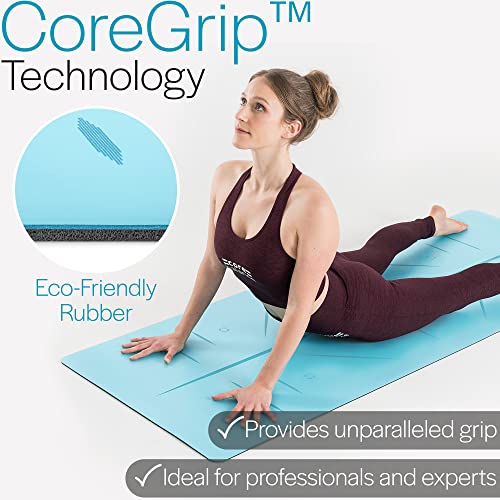 Core Balance Esterilla Yoga Antideslizante con Sistema de Alineación para la Práctica de Asanas. Colchoneta de Caucho Natural, Extra Gruesa, Excelente Agarre y Correas de Transporte. - Azul