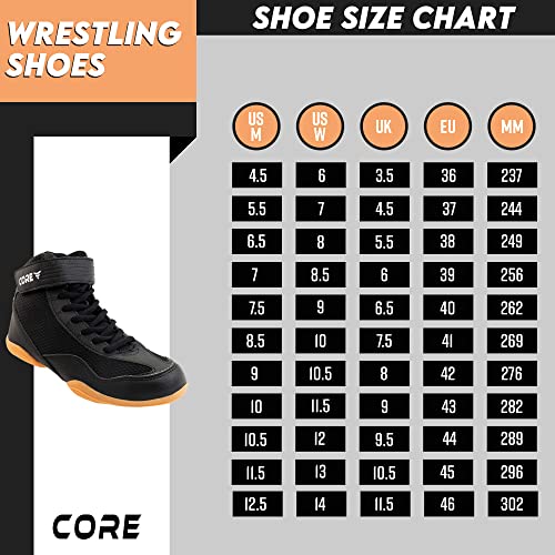 CORE Botas de Lucha para Hombre, Mujer y niños, Antideslizantes Zapatillas de Lucha Libre, para Deportes de Combate, Wrestling Shoes, Crossfit y Levantamiento de Pesas, Negro, Talla 32 EU