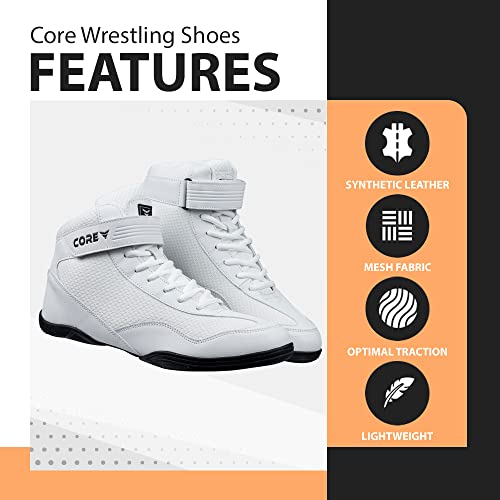 CORE Botas de Lucha para Hombre, Mujer y niños, Antideslizantes Zapatillas de Lucha Libre, para Deportes de Combate, Wrestling Shoes, Crossfit y Levantamiento de Pesas, Blanco, 42 EU