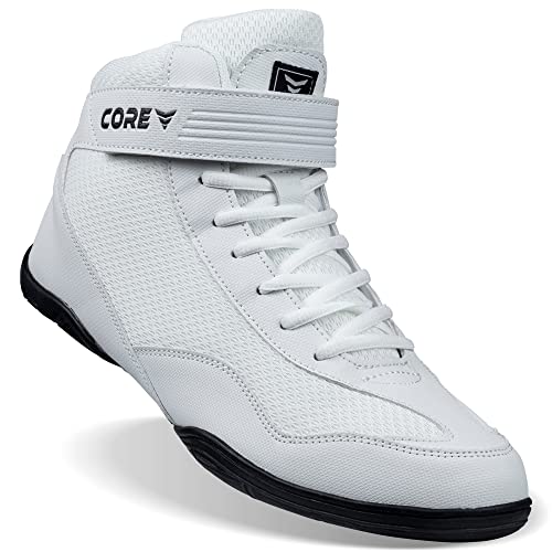 CORE Botas de Lucha para Hombre, Mujer y niños, Antideslizantes Zapatillas de Lucha Libre, para Deportes de Combate, Wrestling Shoes, Crossfit y Levantamiento de Pesas, Blanco, 42 EU