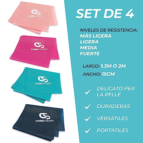 Coresteady Gomas elásticas de musculación para Hombres y Mujeres - Banda elástica - Tonifica y desarrolla Fuerza, flexibilidad y Masa Muscular - Incluye guía de Ejercicios (#7 Set DE 4, 2 Metro)