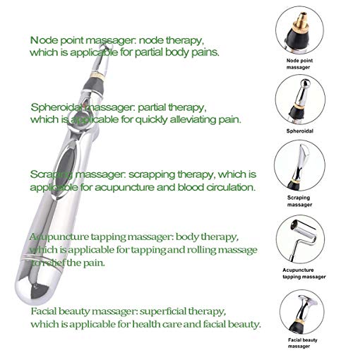 Coriver Bolígrafo de acupuntura 5 en 1, bolígrafo de masaje meridiano electrónico,bolígrafo energético, masajeador de curación corporal, instrumento de terapia,alivio del dolor y 5 cabezales de masaje
