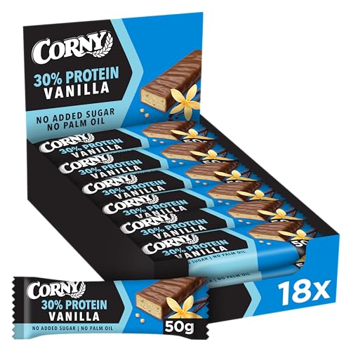 Corny Protein Barritas con Vainilla recubiertas de Chocolate con 30% de Proteína y Sin Azúcares Añadidos 18 x 50 g