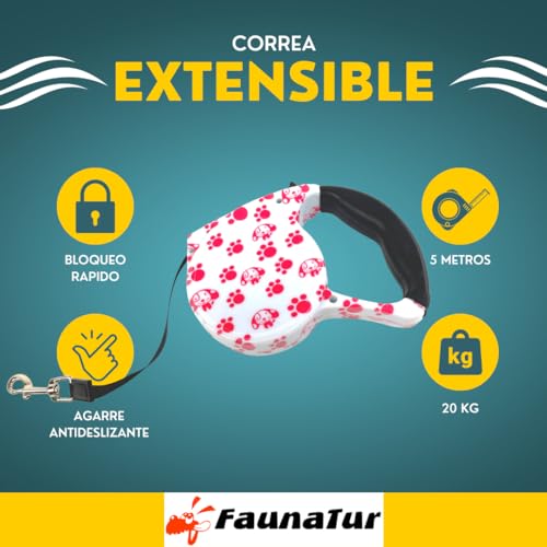 Correa Perro Extensible, 5 m, Correa Retractil de Nylon para Perro, Correa Extensible 5M, Botón de Freno rápido y Bloqueo y Cómodo Agarre de la Mano para Entrenar a Pie o Correr (Huellas)