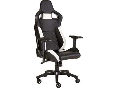 Corsair T1 Race - Silla de Polipiel Videojuegos (Fácil de Ensamblar, Giratoria Ergonómica, Altura Ajustable y Reposabrazos 4D, Asiento Ancho y Cómodo con Reclinador Alto) Blanco