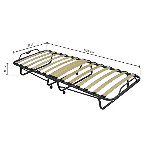 Cortassa - Cama plegable XL Comfort - Colchón de poliuretano de 10 cm de alto - Somier individual de listones de madera de 90 x 200 cm - Cama ahorra espacio con ruedas