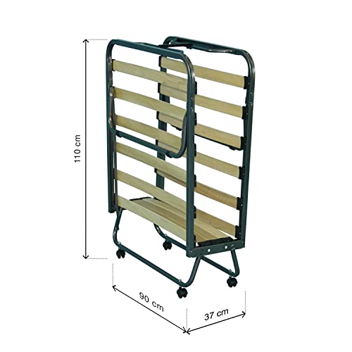 Cortassa - Cama plegable XL Comfort - Colchón de poliuretano de 10 cm de alto - Somier individual de listones de madera de 90 x 200 cm - Cama ahorra espacio con ruedas