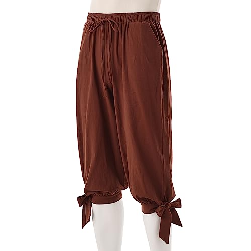 COSDREAMER Pantalones piratas para hombre, disfraz de pirata renacentista medieval vikingo, pantalones con bandas de pantorrilla (marrón, 3XL)