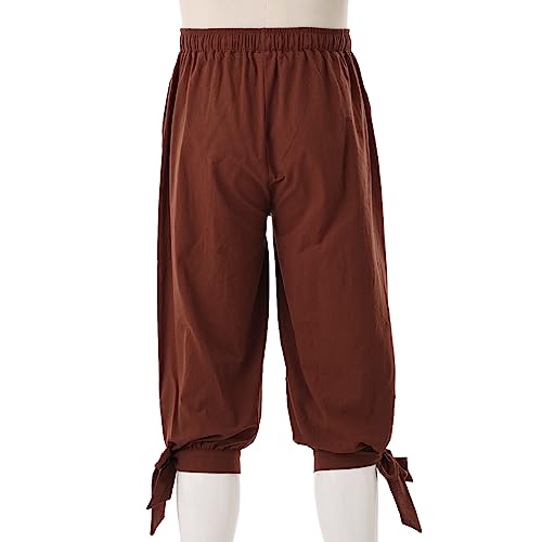 COSDREAMER Pantalones piratas para hombre, disfraz de pirata renacentista medieval vikingo, pantalones con bandas de pantorrilla (marrón, 3XL)