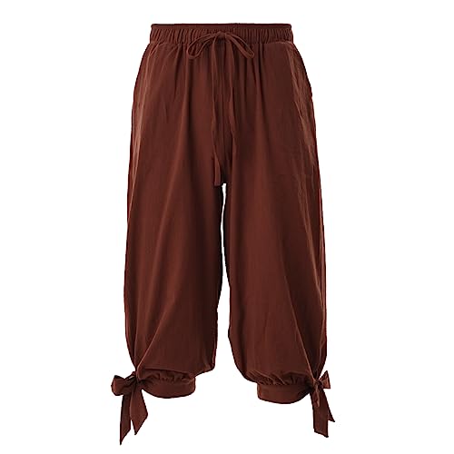 COSDREAMER Pantalones piratas para hombre, disfraz de pirata renacentista medieval vikingo, pantalones con bandas de pantorrilla (marrón, 3XL)