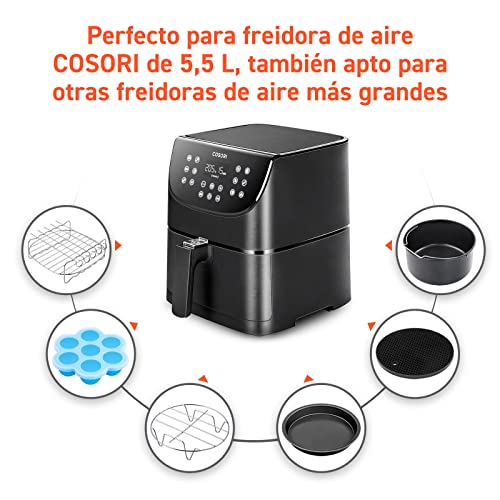 COSORI Accesorios para Freidora sin aceite 5.5L, Molde para respostería, Bandeja para pizza, Soporte de acero inoxidable, Rejilla multiusos, Estera de silicona, Molde de huevos, Sin BPA