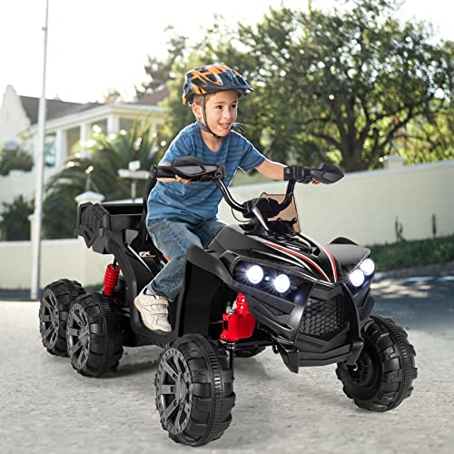 COSTWAY 12 V Quadro eléctrico para niños con espacio de almacenamiento, mini quad eléctrico con luces LED, 6 ruedas para niños, 3-6 km/h, coche eléctrico para niños a partir de 3 años (negro)