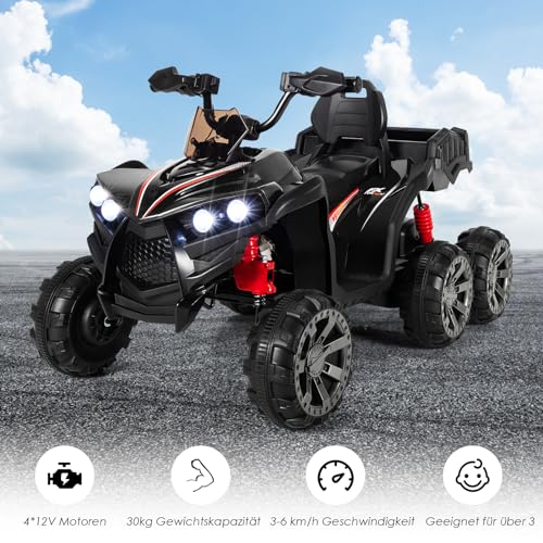 COSTWAY 12 V Quadro eléctrico para niños con espacio de almacenamiento, mini quad eléctrico con luces LED, 6 ruedas para niños, 3-6 km/h, coche eléctrico para niños a partir de 3 años (negro)