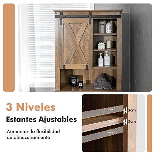 COSTWAY Armario de Almacenamiento sobre el Inodoro, Estantería Independiente con Puerta Deslizante & Estantes Ajustables de 3 Niveles, Mueble de Baño Multifuncional para Inodoros & Lavadoras, Marrón