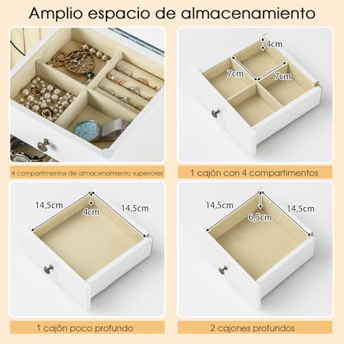 COSTWAY Armario Joyero de Pie, Jolleros para Mujer Organizador con Espejo Abatible, Espejo Joyero Almacenamiento con con 4 Cajones, 8 Ganchos para Collares, 2 Estantes y 2 Puertas Laterales, Blanco