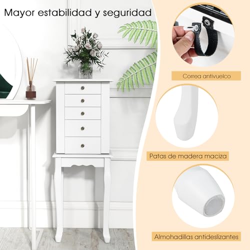 COSTWAY Armario Joyero de Pie, Jolleros para Mujer Organizador con Espejo Abatible, Espejo Joyero Almacenamiento con con 4 Cajones, 8 Ganchos para Collares, 2 Estantes y 2 Puertas Laterales, Blanco