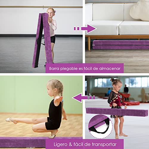 COSTWAY Barra de Equilibrio Gimnasia de 210 cm, Viga de Equilibrio Plegable de Gimnasia, Barra Gimnasia Artistica con Empuñaduras, Resistente al Desgaste para Niños Gimnastas y Animadoras (Violeta)