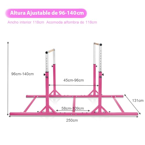 COSTWAY Barra de Gimnasia para Niños 6 a 12 años, Doble Barras, Barra Horizontal Gimnasio Artística con Ancho Ajustable y 11 Alturas, Capacidad de 100 KG (Rosa)