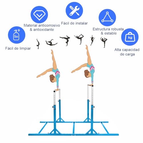 COSTWAY Barra de Gimnasia para Niños 6 a 12 años, Doble Barras, Barra Horizontal Gimnasio Artística con Ancho Ajustable y 11 Alturas, Capacidad de 100 KG (Azul)