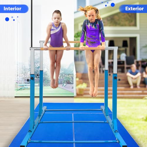 COSTWAY Barra de Gimnasia para Niños 6 a 12 años, Doble Barras, Barra Horizontal Gimnasio Artística con Ancho Ajustable y 11 Alturas, Capacidad de 100 KG (Azul)