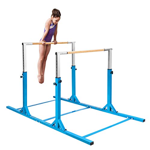 COSTWAY Barra de Gimnasia para Niños 6 a 12 años, Doble Barras, Barra Horizontal Gimnasio Artística con Ancho Ajustable y 11 Alturas, Capacidad de 100 KG (Azul)