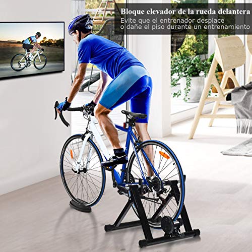 COSTWAY Bicicleta Estática de Acero Soporte Rodillo de Ciclismo Entrenamiento Palanca de Liberación Rápida para Bicicleta y Sistema de Doble Bloqueo Negro