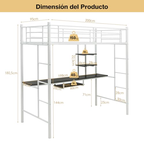 COSTWAY Cama Alta con Escritorio 95x200cm, Cama Alta Individual, Estructura de Hierro, 2 Escaleras Bilaterales y 2 Estantes de Almacenamiento, Literas Juveniles con Escalera (Blanco)