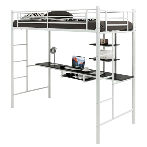 COSTWAY Cama Alta con Escritorio 95x200cm, Cama Alta Individual, Estructura de Hierro, 2 Escaleras Bilaterales y 2 Estantes de Almacenamiento, Literas Juveniles con Escalera (Blanco)