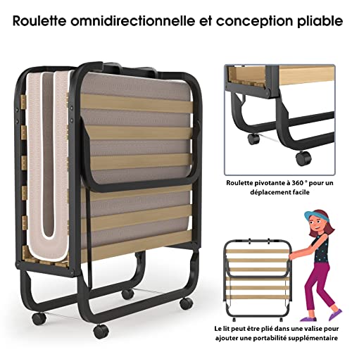 COSTWAY Cama plegable con colchón de 10 cm grueso, cama plegable supletoria 90 x 200 cm sobre ruedas con estructura estable para hogar, oficina y camping