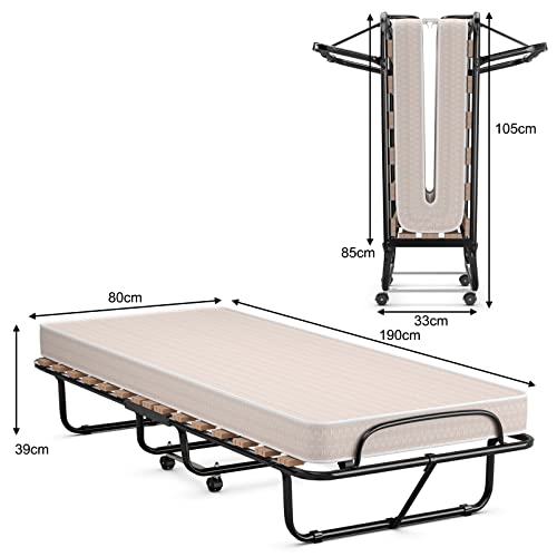 COSTWAY Cama plegable para 1 persona adulta, 190 x 80 cm, con colchón ortopédico de memoria de 10 cm, carga 120 kg, cama supletoria plegable con 4 ruedas y somier de 15 láminas de madera para