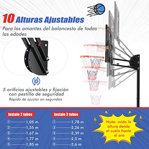 COSTWAY Canasta Baloncesto Exteior, Altura Ajustable de 10 Niveles, 1,55 a 3,1m, Móvil con Ruedas, Aro de Baloncesto con Bolsa de Peso Niños Adultos, Interior y Exterior