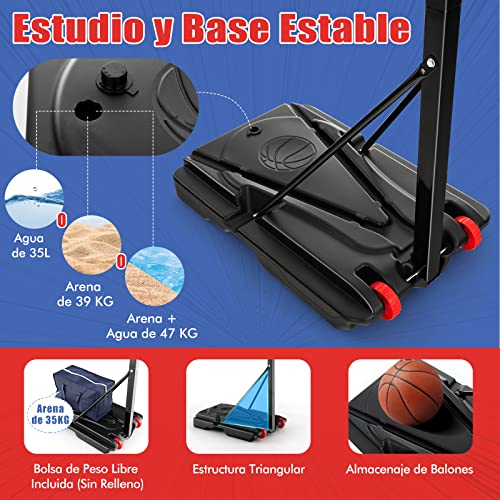 COSTWAY Canasta Baloncesto Exteior, Altura Ajustable de 10 Niveles, 1,55 a 3,1m, Móvil con Ruedas, Aro de Baloncesto con Bolsa de Peso Niños Adultos, Interior y Exterior