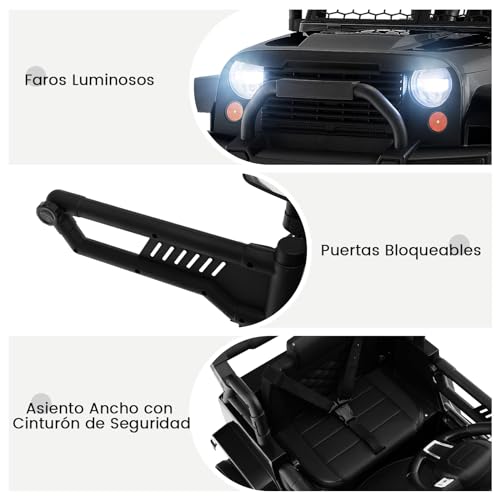 COSTWAY Coche Eléctrico para Niños Jeep 12V, Vehículo Todoterreno Eléctrico con Control Remoto, Asiento Extra Grande, Suspensión de Resorte, Faros Brillantes, Música, Puerto USB y Auxiliar (Negro)