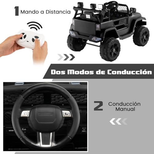 COSTWAY Coche Eléctrico para Niños Jeep 12V, Vehículo Todoterreno Eléctrico con Control Remoto, Asiento Extra Grande, Suspensión de Resorte, Faros Brillantes, Música, Puerto USB y Auxiliar (Negro)