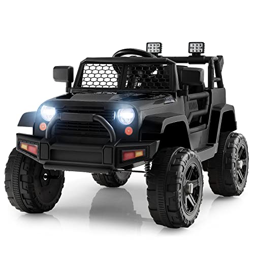 COSTWAY Coche Eléctrico para Niños Jeep 12V, Vehículo Todoterreno Eléctrico con Control Remoto, Asiento Extra Grande, Suspensión de Resorte, Faros Brillantes, Música, Puerto USB y Auxiliar (Negro)