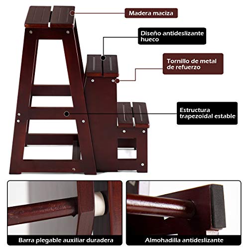 COSTWAY Escalera Plegable, Silla Escalera de Madera de 3 Peldaños, Taburete Escalera, Multifunción Escalera Banqueta Taburete Estantería Escalón para Baño Hogar Decoración, hasta 150kg (Marrón oscuro)