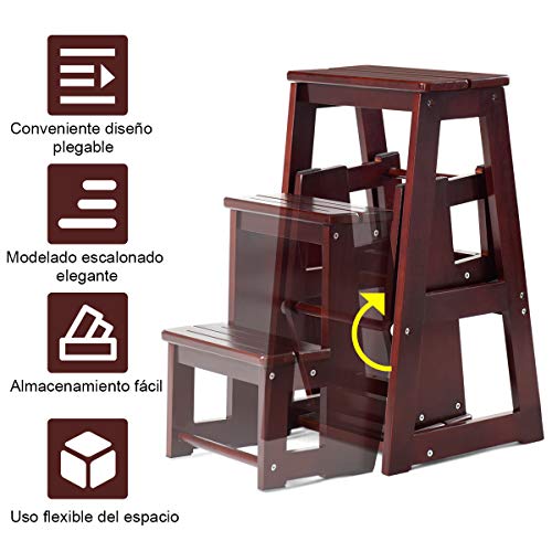 COSTWAY Escalera Plegable, Silla Escalera de Madera de 3 Peldaños, Taburete Escalera, Multifunción Escalera Banqueta Taburete Estantería Escalón para Baño Hogar Decoración, hasta 150kg (Marrón oscuro)