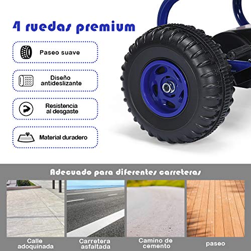 COSTWAY Go Kart de Pedales para Niños con 4 Ruedas Antideslizantes Asiento Envolvente y Freno de Mano, para Niños y Niñas (Azul)