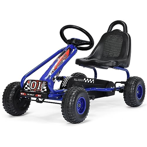 COSTWAY Go Kart de Pedales para Niños con 4 Ruedas Antideslizantes Asiento Envolvente y Freno de Mano, para Niños y Niñas (Azul)