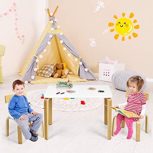 COSTWAY Juego de 1 Mesa y 2 Sillas para Niños Grupo de Mueble de Madera para Cuarto de los Niños Sala de Estar (Blanco)