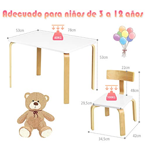 COSTWAY Juego de 1 Mesa y 2 Sillas para Niños Grupo de Mueble de Madera para Cuarto de los Niños Sala de Estar (Blanco)