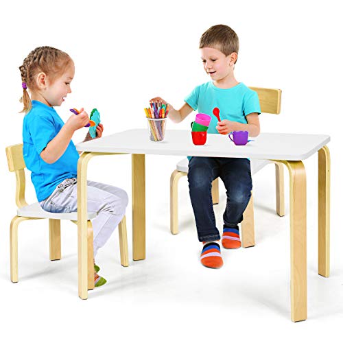 COSTWAY Juego de 1 Mesa y 2 Sillas para Niños Grupo de Mueble de Madera para Cuarto de los Niños Sala de Estar (Blanco)