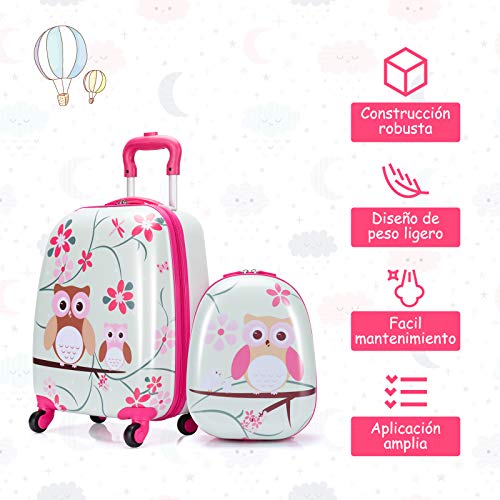 COSTWAY Juego de Mochila y Maleta Infantil, Equipaje de Viaje, para Cabina, con Ruedas (Búho)