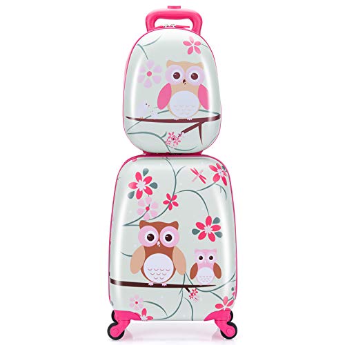 COSTWAY Juego de Mochila y Maleta Infantil, Equipaje de Viaje, para Cabina, con Ruedas (Búho)