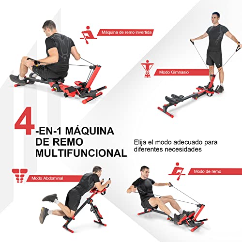 COSTWAY Máquinas de Remo 4 en 1, Banco de Abdominales Plegable con Manillar Extensible Asiento Regulable y Pedales, Panel de Control Inteligente, ángulo y tensión Regulables