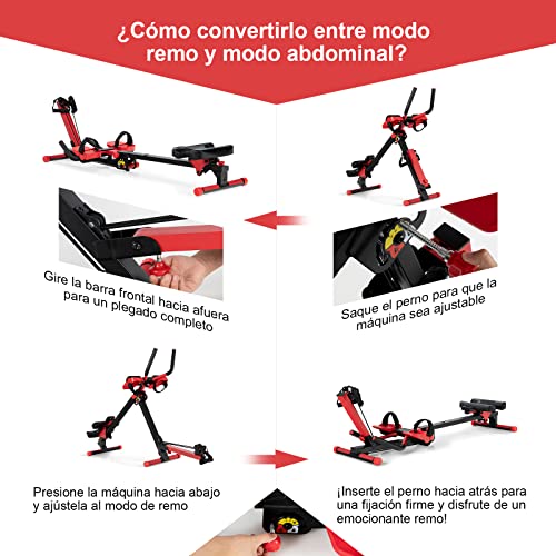 COSTWAY Máquinas de Remo 4 en 1, Banco de Abdominales Plegable con Manillar Extensible Asiento Regulable y Pedales, Panel de Control Inteligente, ángulo y tensión Regulables