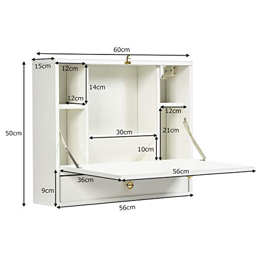 COSTWAY Mesa Plegable de Pared para Ordenador, Escritorio de Madera con Compartimientos y Cajón para Hogar, 60 x 15 x 50 cm (Blanco)