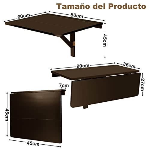 COSTWAY Mesa Plegable Pared de 80 cm x 60 cm, Escritorio Flotante para Espacios Pequeños, Estación de Trabajo Plegable para Cocina, Dormitorio, Lavadero, Estudio (marrón)