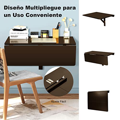 COSTWAY Mesa Plegable Pared de 80 cm x 60 cm, Escritorio Flotante para Espacios Pequeños, Estación de Trabajo Plegable para Cocina, Dormitorio, Lavadero, Estudio (marrón)